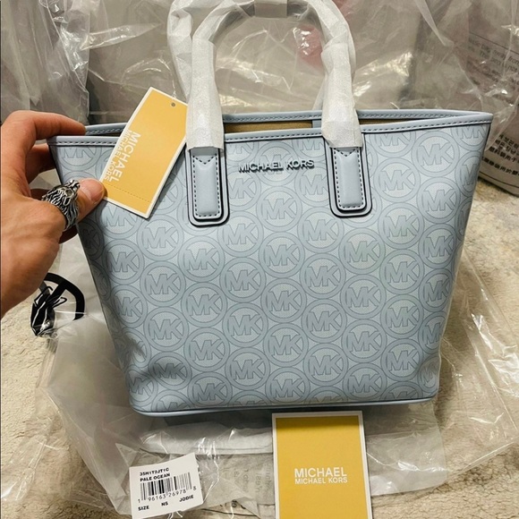 NWT Michael Kors Jodie Small Logo Jacquard Tote Bag In Pale Ocean Blue - Picture 4 of 12